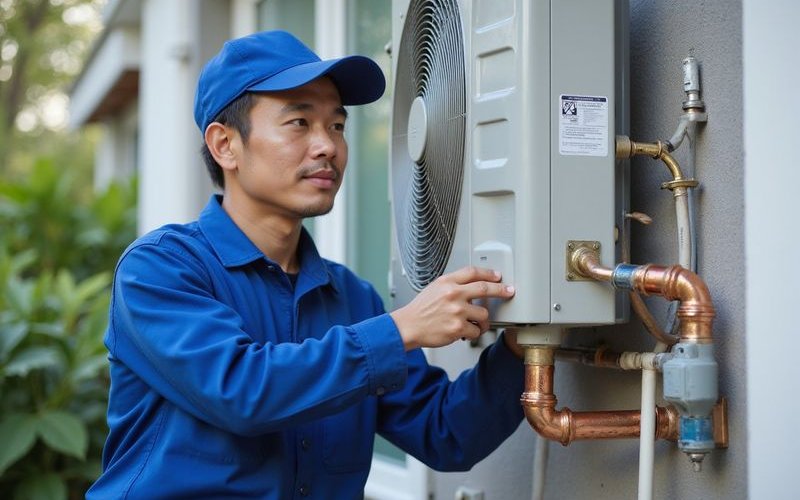 Technician installing AC outdoor unit