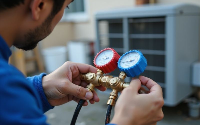 Technician checking AC gas pressure