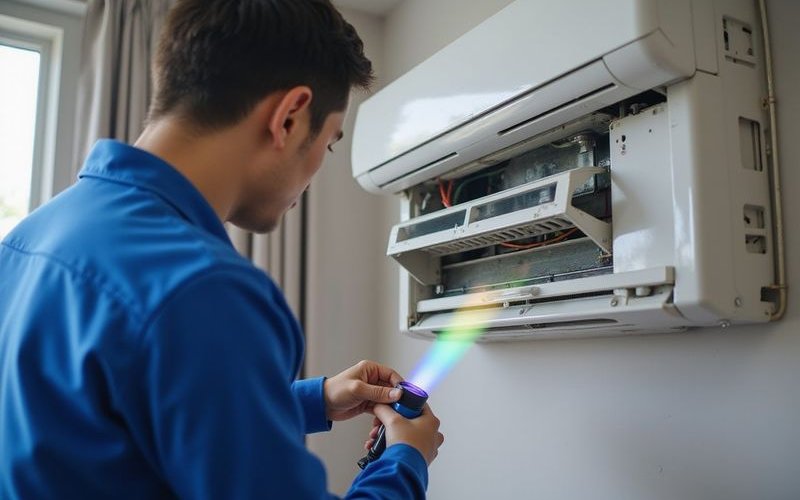 Technician inspecting AC components