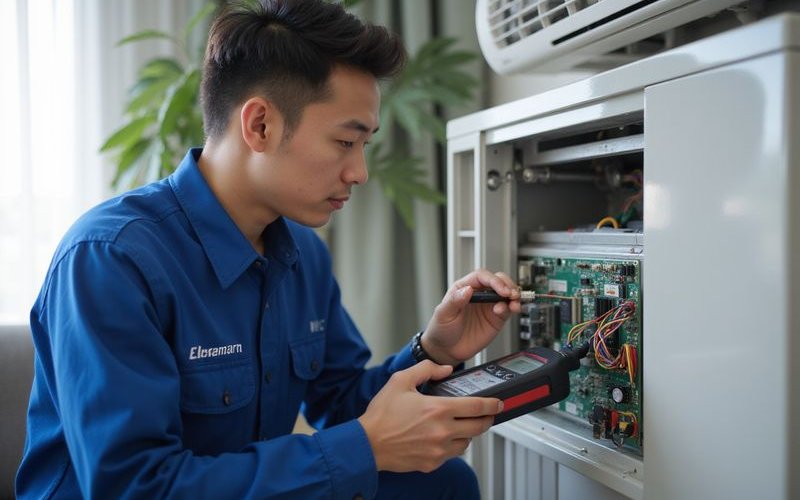 Technician diagnosing AC problem