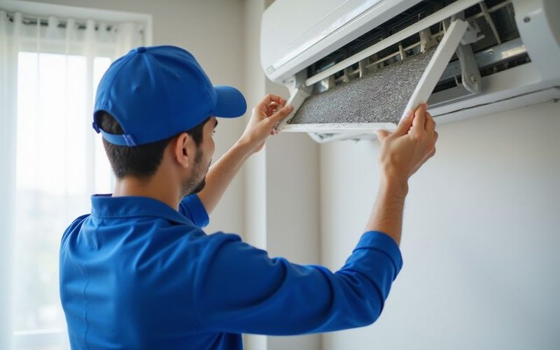 Technician cleaning AC filter