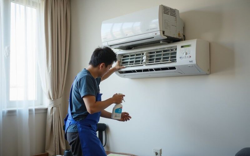 Technician performing chemical wash on wall-mounted AC unit