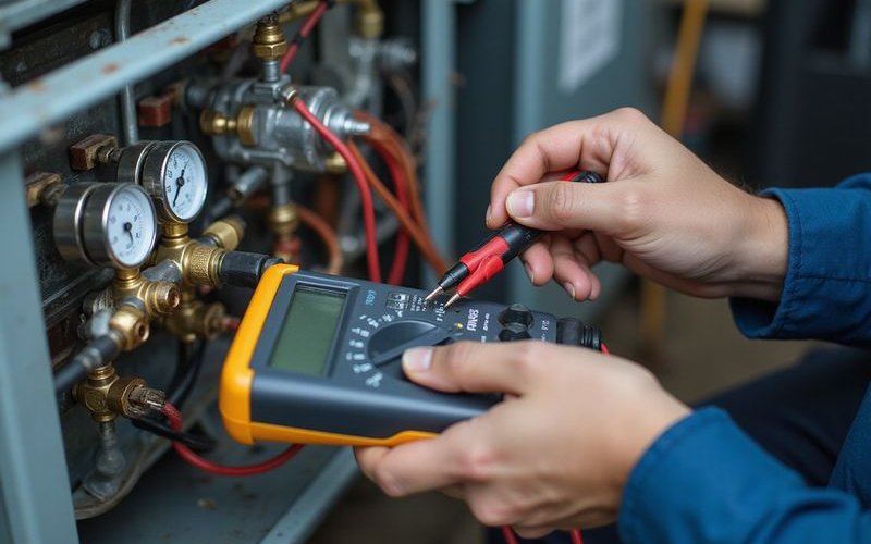 Technician testing AC with diagnostic tools