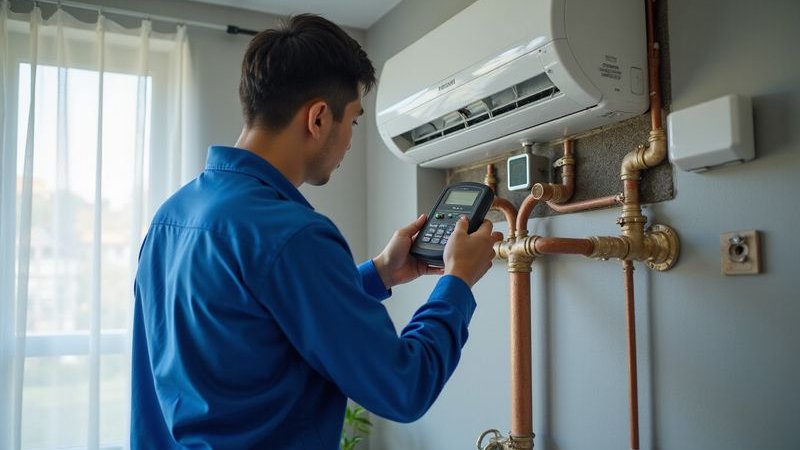 Technician checking for AC refrigerant leak