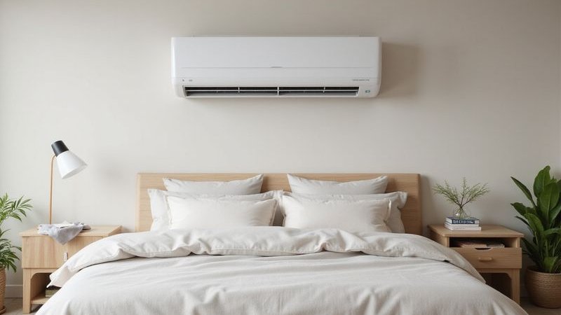 Modern inverter air conditioner installed in bedroom