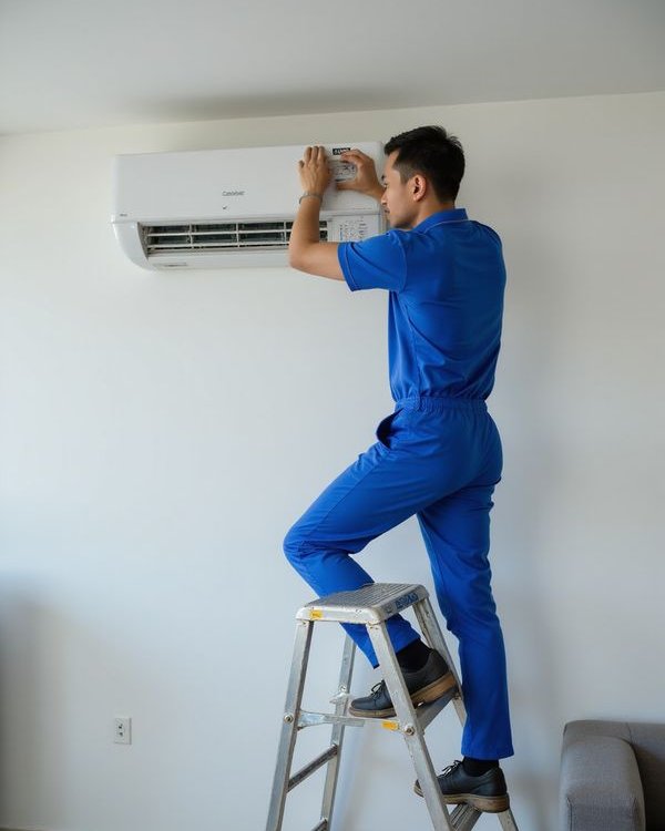 Professional HVAC technician servicing air conditioner