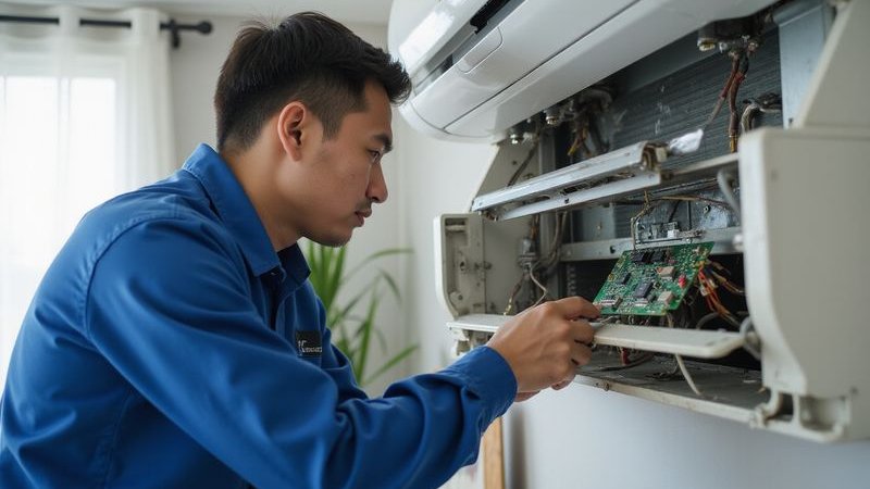 Professional technician working on AC unit