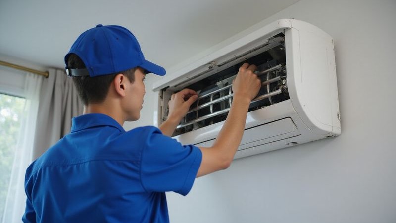 Technician checking AC for loose components